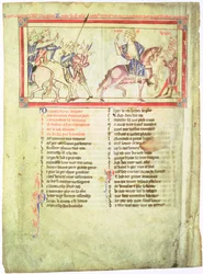 f.2v Thomas a Becket avgår från kung Henrik II av England och Ludvig VII av Frankrike, efter sammanbrottet i förhandlingarna vid Montmirail och ansluter sig till allmogen, från Becket Leaves, c.1220-40